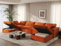 Deluxe Cloud 4-Seater U-Shaped Sectional in Orange Velvet | 6-Piece (Includes 2 Ottomans), Family Room Seating, Easy To Clean, Stylish Design