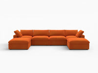 Deluxe Cloud 4-Seater U-Shaped Sectional in Orange Velvet | 6-Piece (Includes 2 Ottomans), Family Room Seating, Easy To Clean, Stylish Design