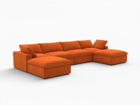 Deluxe Cloud 4-Seater U-Shaped Sectional in Orange Velvet | 6-Piece (Includes 2 Ottomans), Family Room Seating, Easy To Clean, Stylish Design