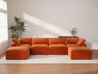 Deluxe Cloud 4-Seater U-Shaped Sectional in Orange Velvet | 6-Piece (Includes 2 Ottomans), Family Room Seating, Easy To Clean, Stylish Design