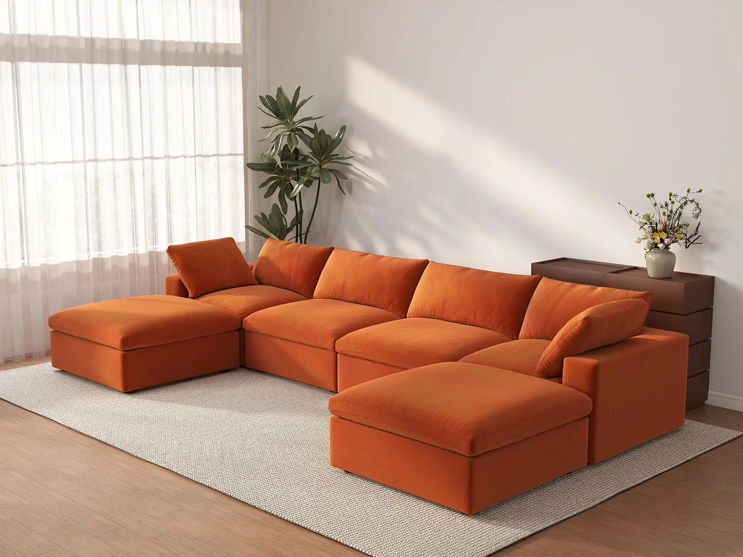 Deluxe Cloud 4-Seater U-Shaped Sectional in Orange Velvet | 6-Piece (Includes 2 Ottomans), Family Room Seating, Easy To Clean, Stylish Design