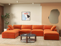 Deluxe Cloud 4-Seater U-Shaped Sectional in Orange Velvet | 6-Piece (Includes 2 Ottomans), Family Room Seating, Easy To Clean, Stylish Design