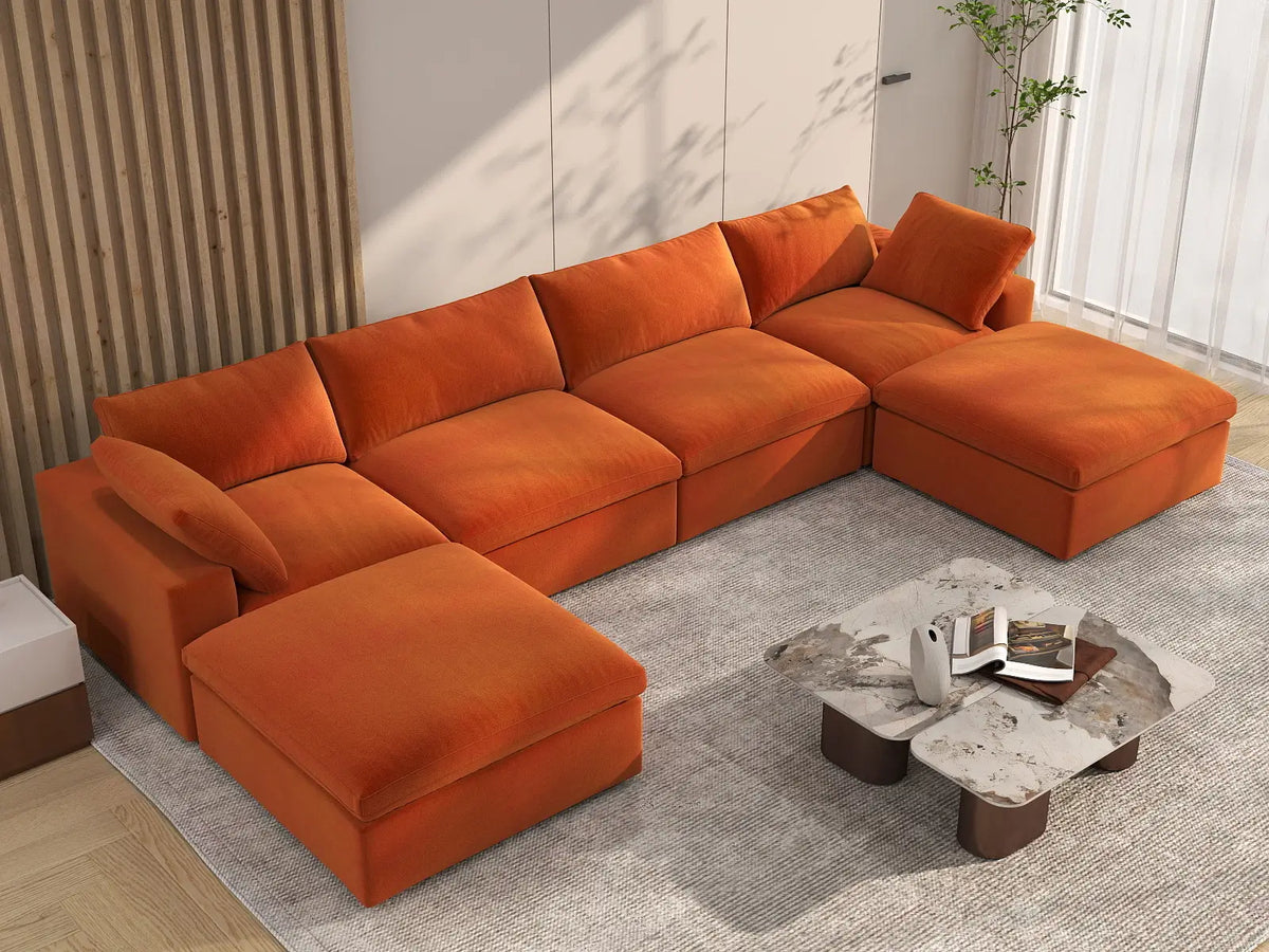 Deluxe Cloud 4-Seater U-Shaped Sectional in Orange Velvet | 6-Piece (Includes 2 Ottomans), Family Room Seating, Easy To Clean, Stylish Design