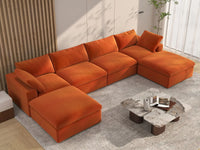 Deluxe Cloud 4-Seater U-Shaped Sectional in Orange Velvet | 6-Piece (Includes 2 Ottomans), Family Room Seating, Easy To Clean, Stylish Design