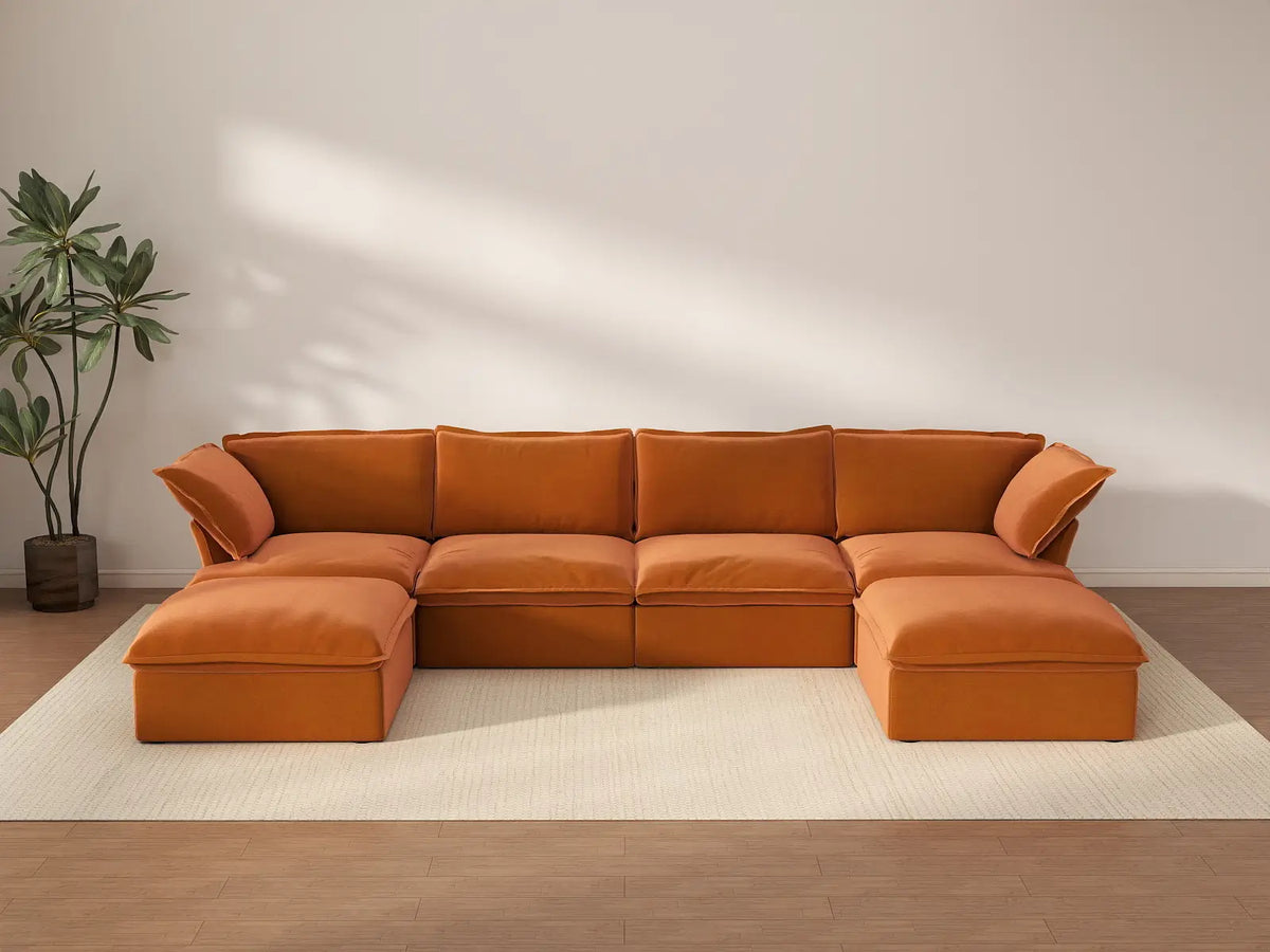 Deluxe Cloud 4-Seater U-Shaped Sofa with Storage | 6-Piece (includes 2 ottomans), Velvet Fabric, Washable Covers