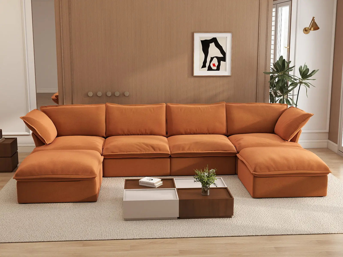 Deluxe Cloud 4-Seater U-Shaped Sofa with Storage | 6-Piece (includes 2 ottomans), Velvet Fabric, Washable Covers