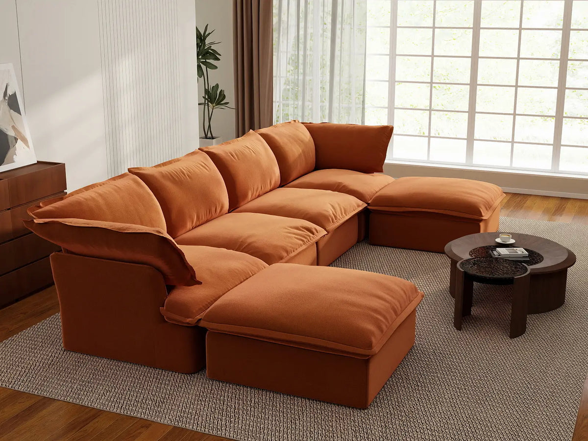 Deluxe Cloud 4-Seater U-Shaped Sofa with Storage | 6-Piece (includes 2 ottomans), Velvet Fabric, Washable Covers
