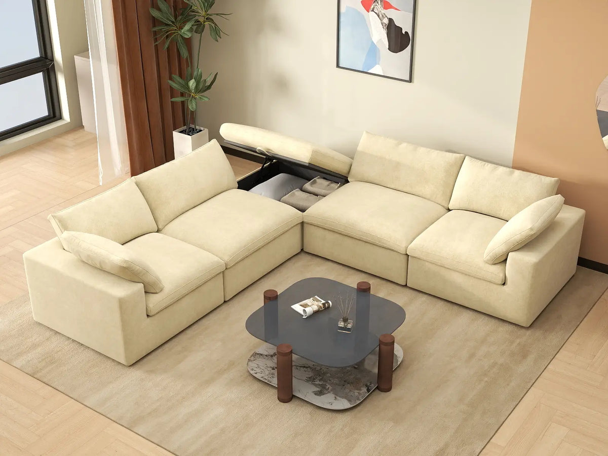 Deluxe Cloud 4-Seater V-Shaped Sectional in Beige Velvet | 5-Piece (Includes 1 Ottoman), Living Room Seating, Easy To Clean, Stylish Design