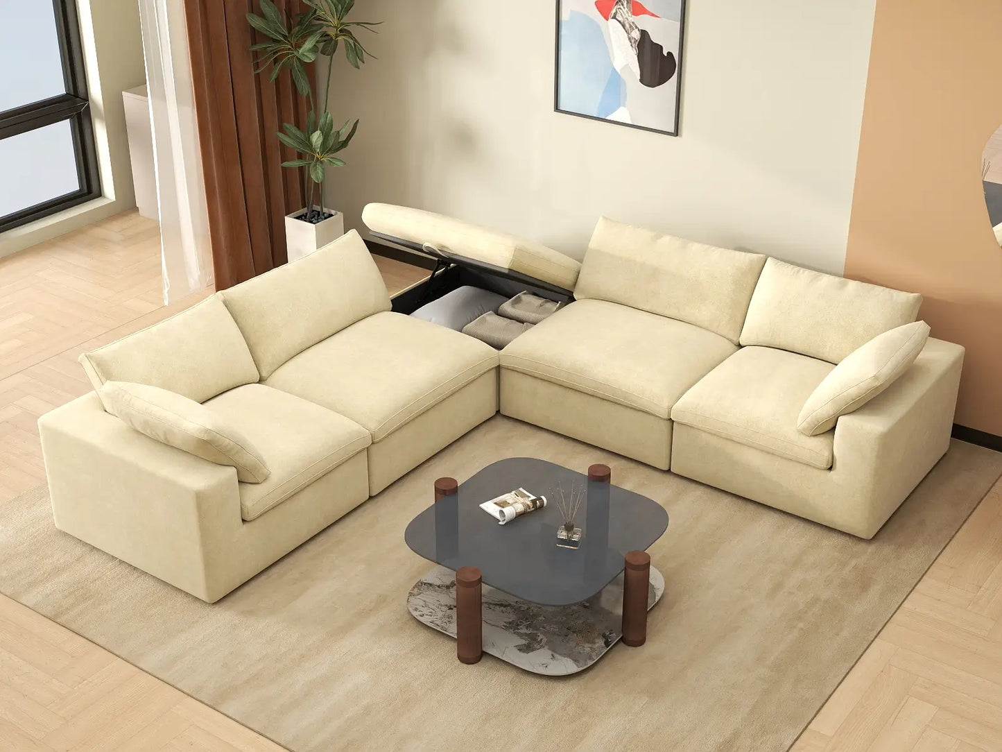 Deluxe Cloud 4-Seater V-Shaped Sectional in Beige Velvet | 5-Piece (Includes 1 Ottoman), Living Room Seating, Easy To Clean, Stylish Design