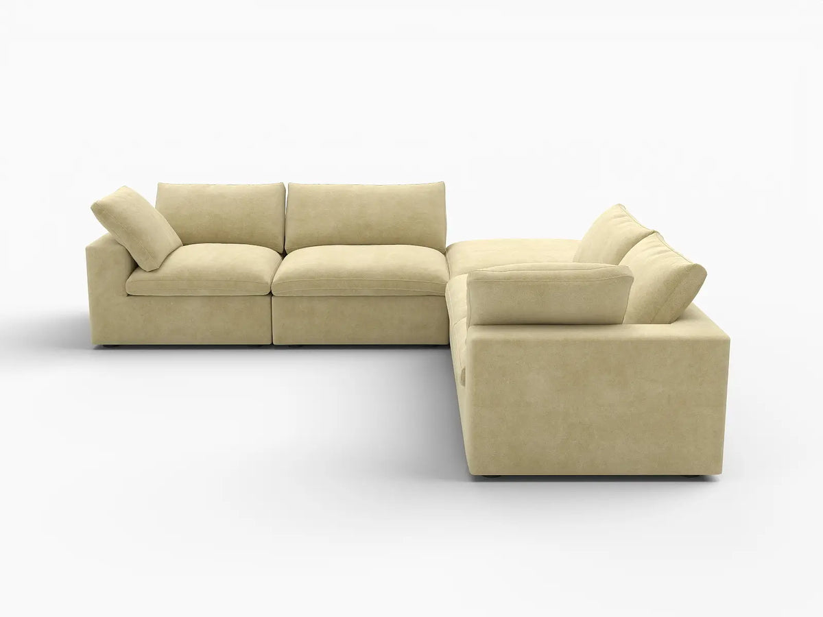 Deluxe Cloud 4-Seater V-Shaped Sectional in Beige Velvet | 5-Piece (Includes 1 Ottoman), Living Room Seating, Easy To Clean, Stylish Design