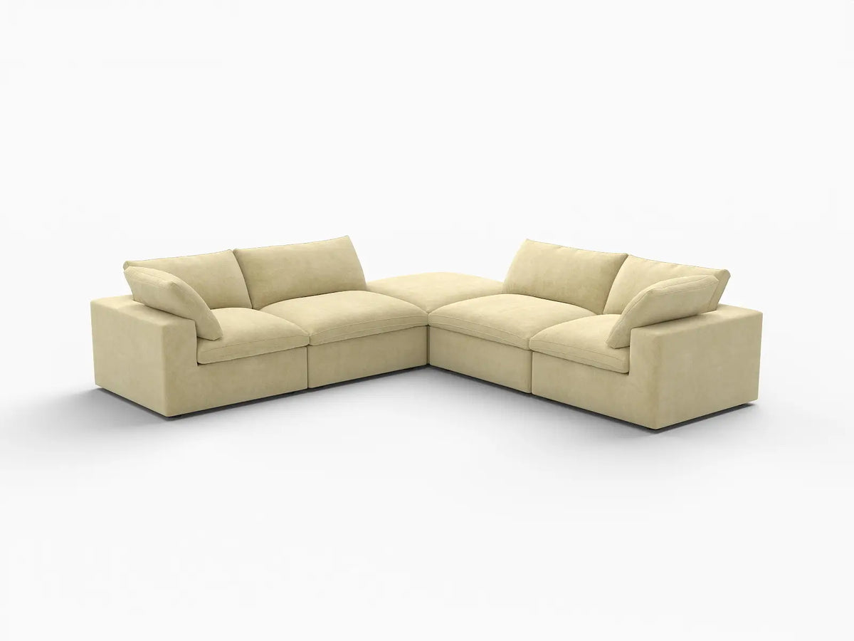 Deluxe Cloud 4-Seater V-Shaped Sectional in Beige Velvet | 5-Piece (Includes 1 Ottoman), Living Room Seating, Easy To Clean, Stylish Design
