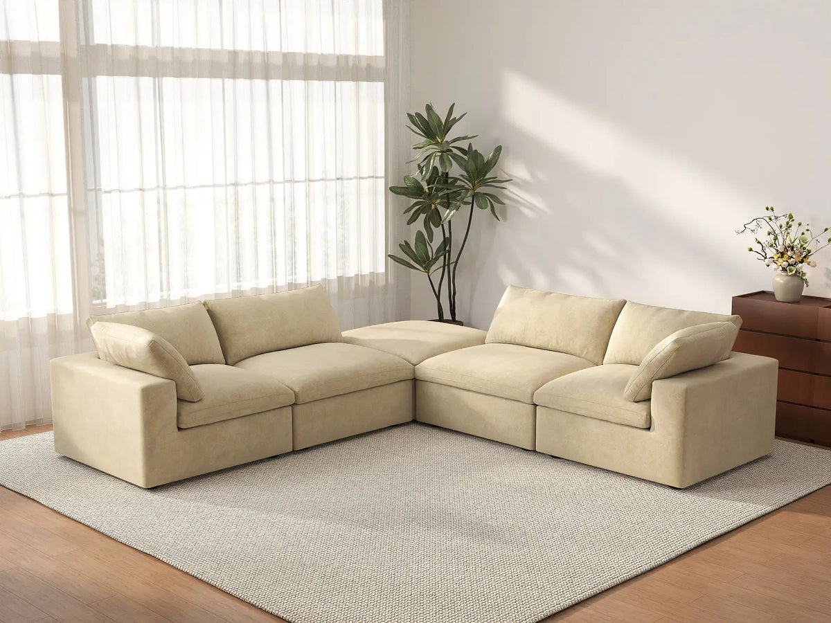 Deluxe Cloud 4-Seater V-Shaped Sectional in Beige Velvet | 5-Piece (Includes 1 Ottoman), Living Room Seating, Easy To Clean, Stylish Design