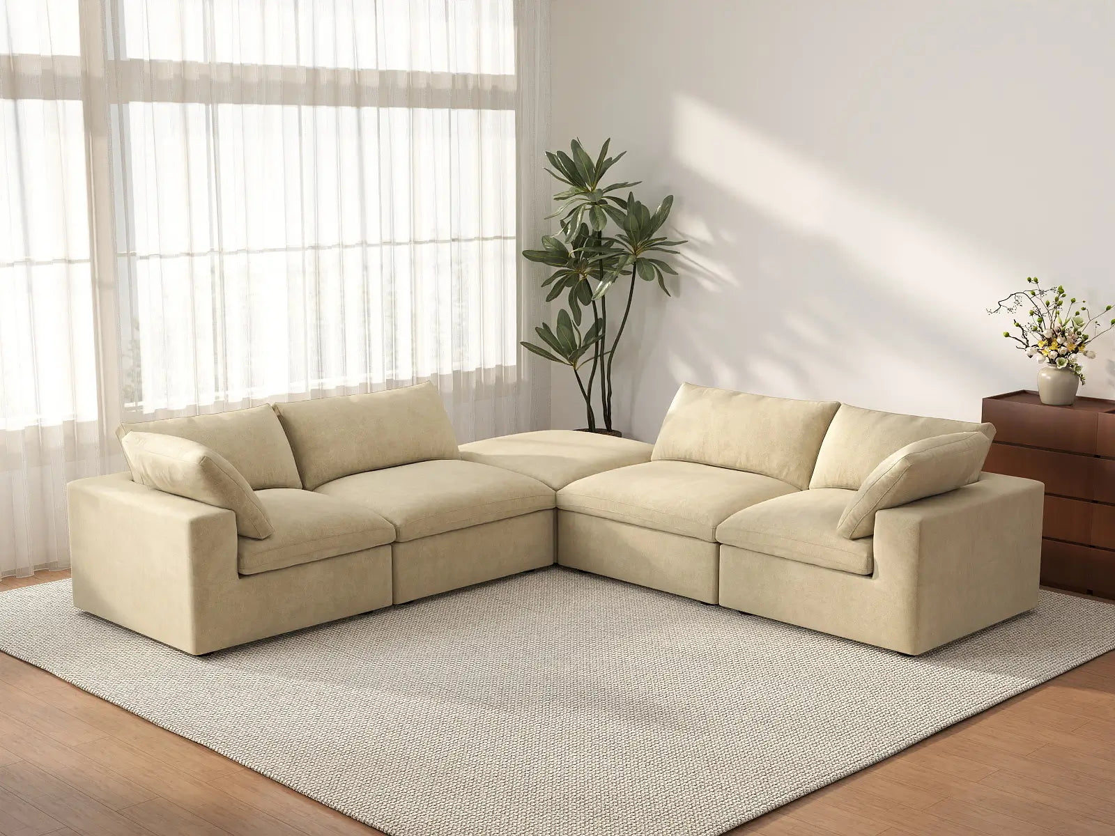Deluxe Cloud 4-Seater V-Shaped Sectional in Beige Velvet | 5-Piece (Includes 1 Ottoman), Living Room Seating, Easy To Clean, Stylish Design