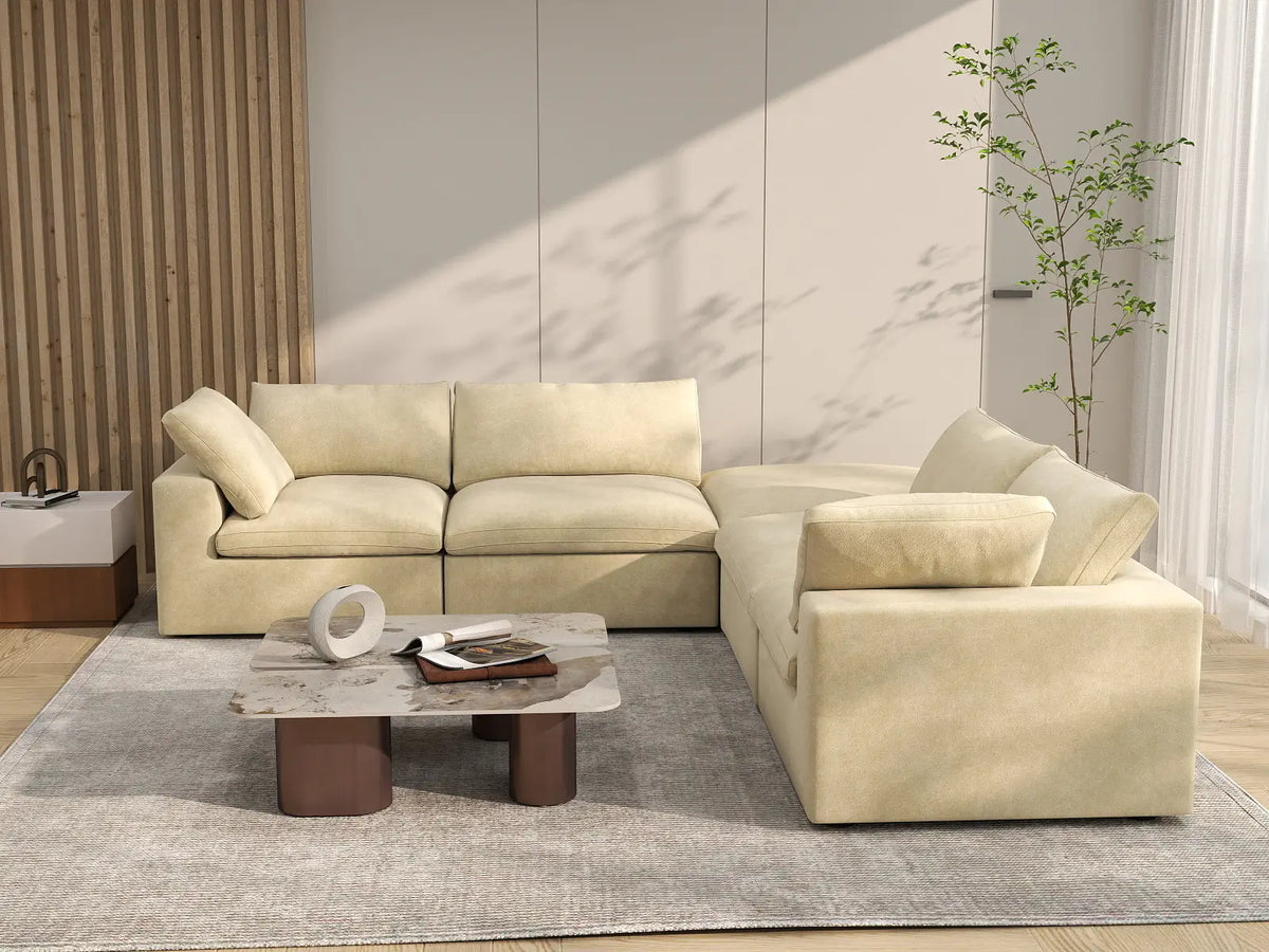 Deluxe Cloud 4-Seater V-Shaped Sectional in Beige Velvet | 5-Piece (Includes 1 Ottoman), Living Room Seating, Easy To Clean, Stylish Design