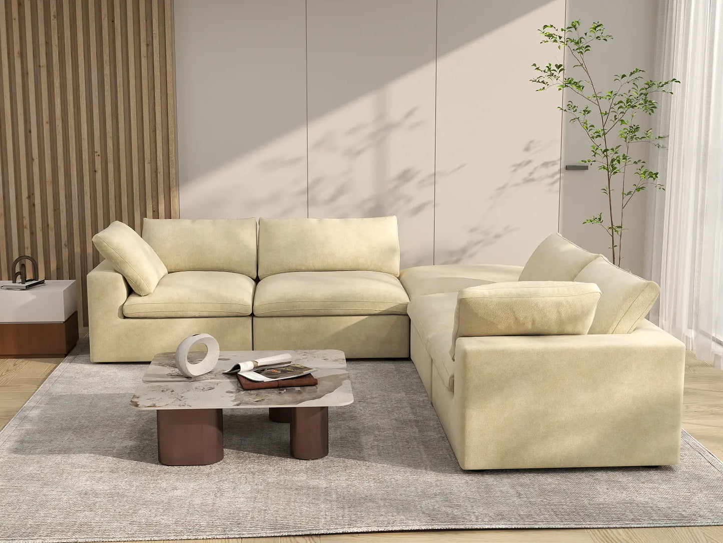 Deluxe Cloud 4-Seater V-Shaped Sectional in Beige Velvet | 5-Piece (Includes 1 Ottoman), Living Room Seating, Easy To Clean, Stylish Design