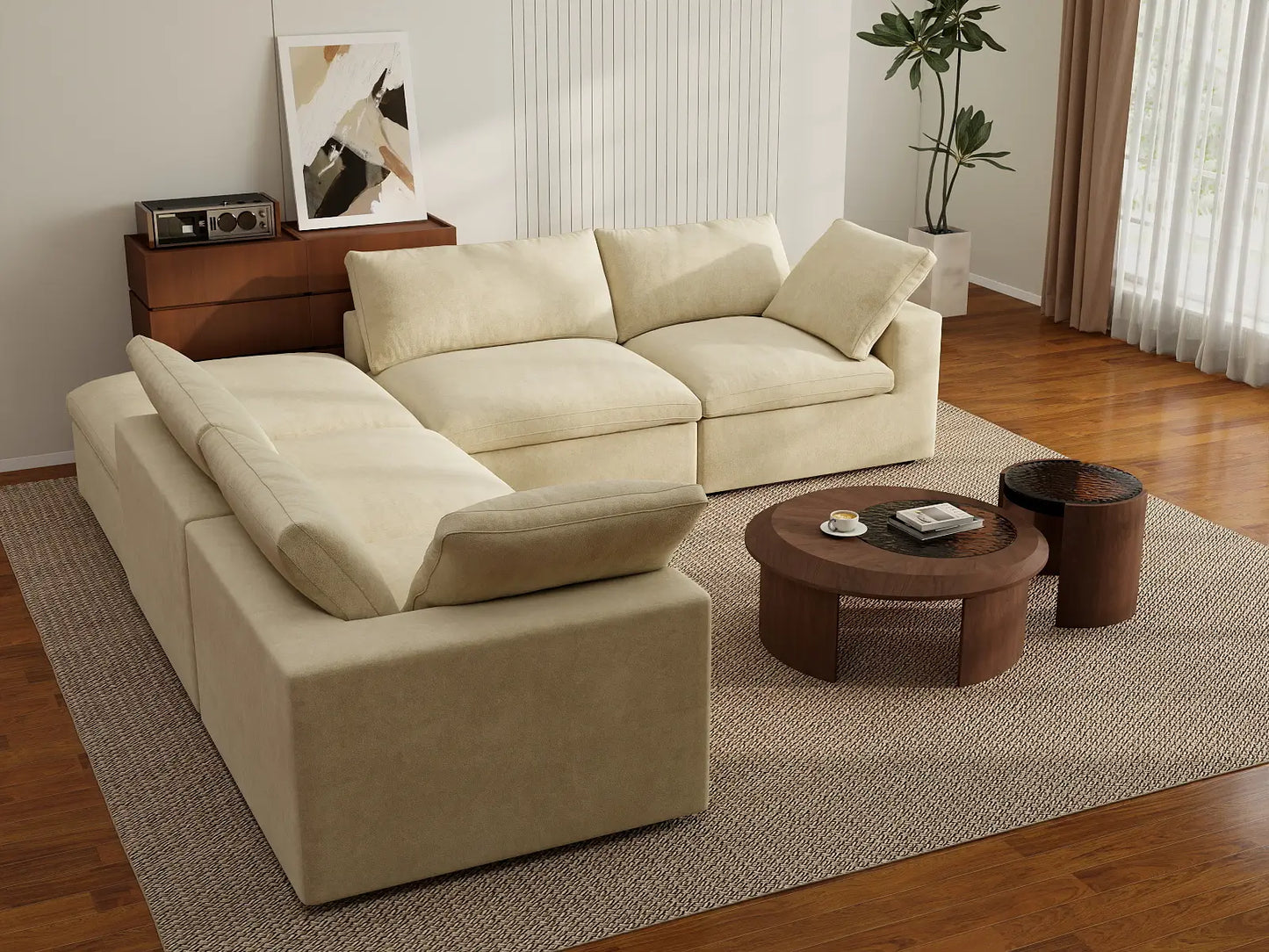 Deluxe Cloud 4-Seater V-Shaped Sectional in Beige Velvet | 5-Piece (Includes 1 Ottoman), Living Room Seating, Easy To Clean, Stylish Design