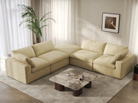 Deluxe Cloud 4-Seater V-Shaped Sectional in Beige Velvet | 5-Piece (Includes 1 Ottoman), Living Room Seating, Easy To Clean, Stylish Design