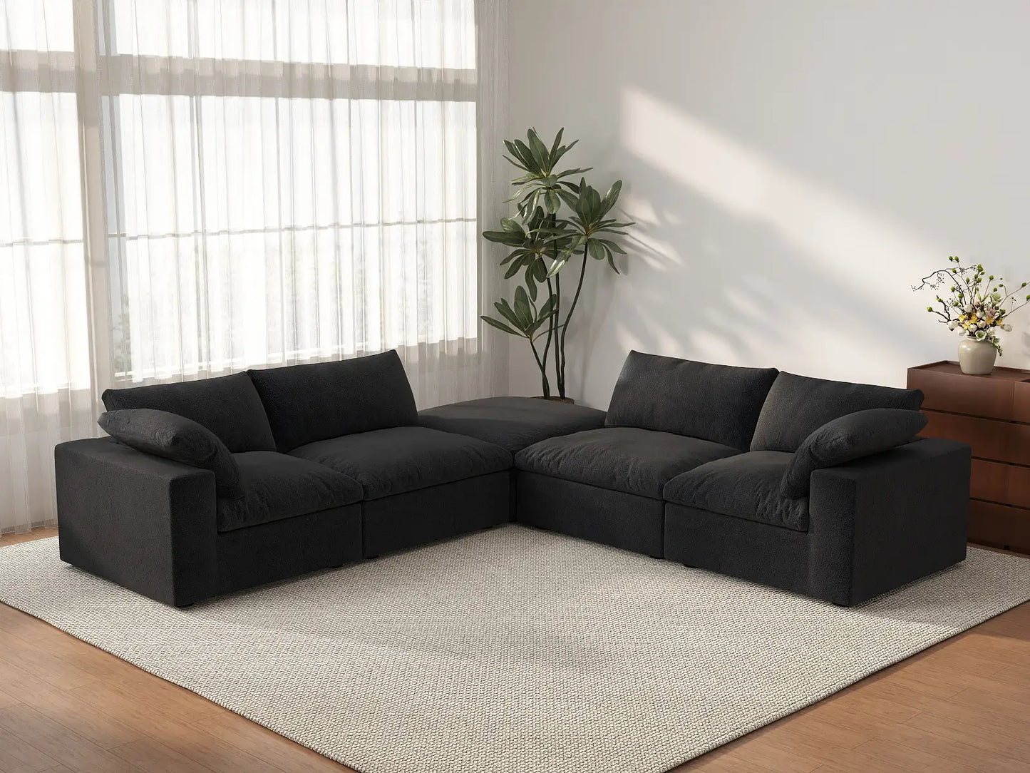 Deluxe Cloud 4-Seater V-Shaped Sectional in Black Cotton And Linen | 5-Piece (Includes 1 Ottoman), Living Room Seating, Easy To Clean, Modular Design