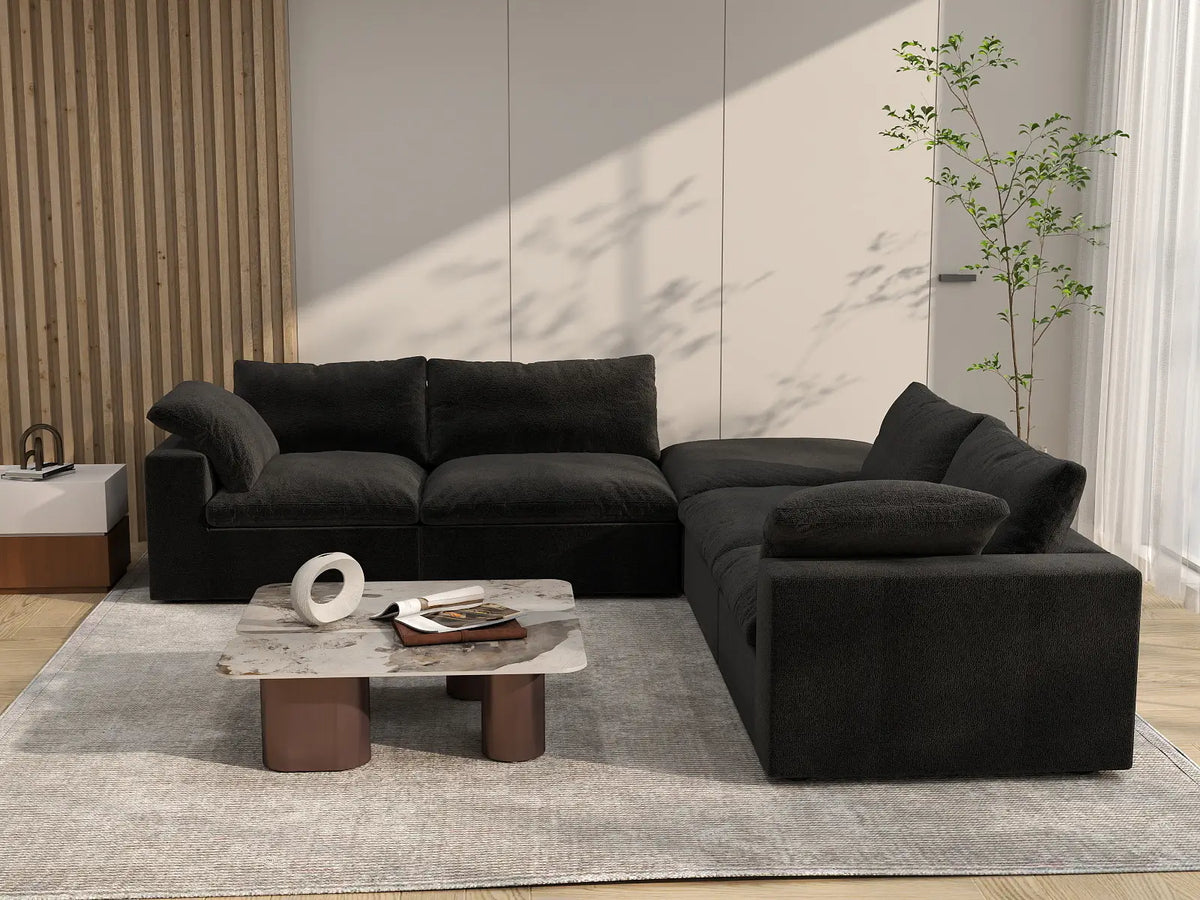Deluxe Premium Cloud Sectional Sofa Covers | Black Cotton and Linen Sofa Cover for 4-Seater with 1-Ottoman