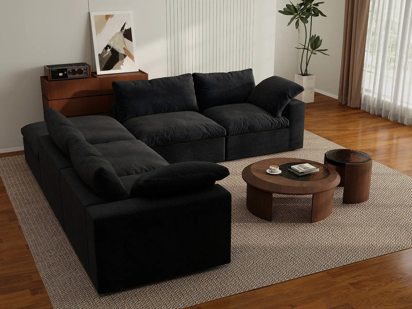 Deluxe Premium Cloud Sectional Sofa Covers | Black Cotton and Linen Sofa Cover for 4-Seater with 1-Ottoman