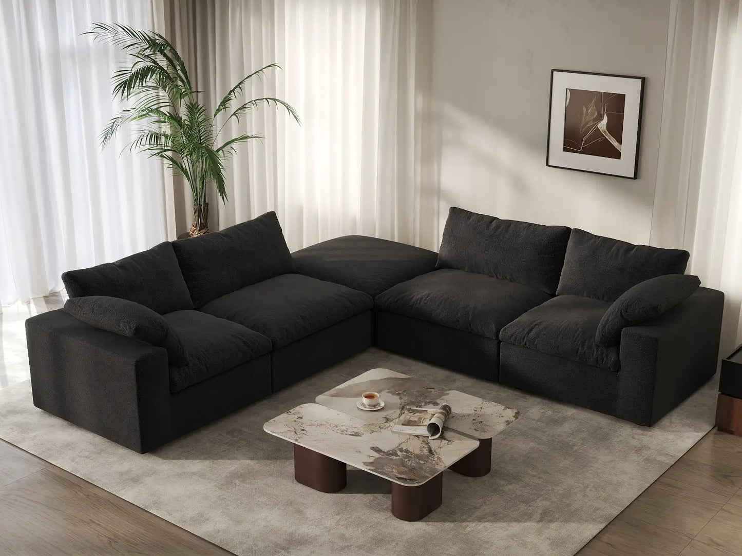 Deluxe Premium Cloud Sectional Sofa Covers | Black Cotton and Linen Sofa Cover for 4-Seater with 1-Ottoman