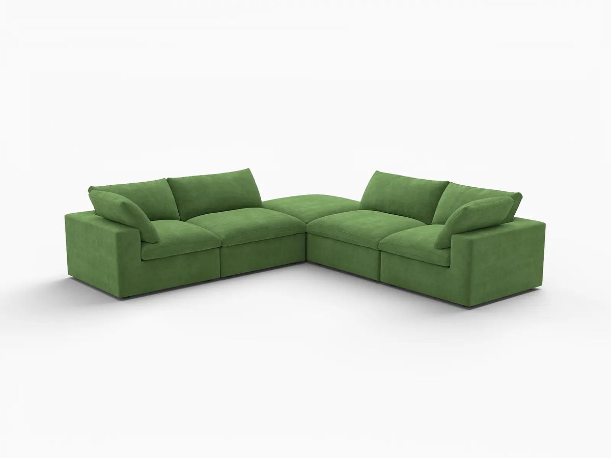Deluxe Cloud 4-Seater V-Shaped Sectional in Earth Green Velvet | 5-Piece (Includes 1 Ottoman), Living Room Seating, Easy To Clean, Modern Style
