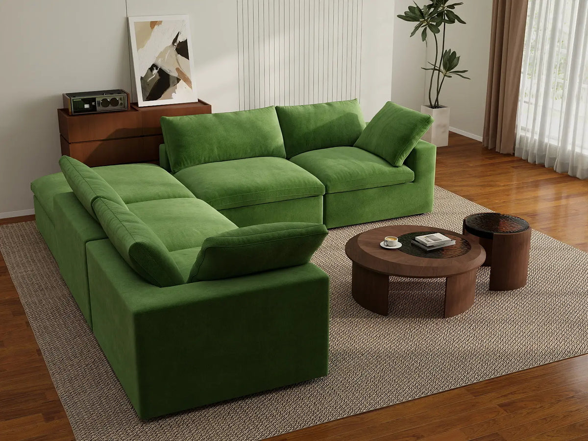 Deluxe Cloud 4-Seater V-Shaped Sectional in Earth Green Velvet | 5-Piece (Includes 1 Ottoman), Living Room Seating, Easy To Clean, Modern Style