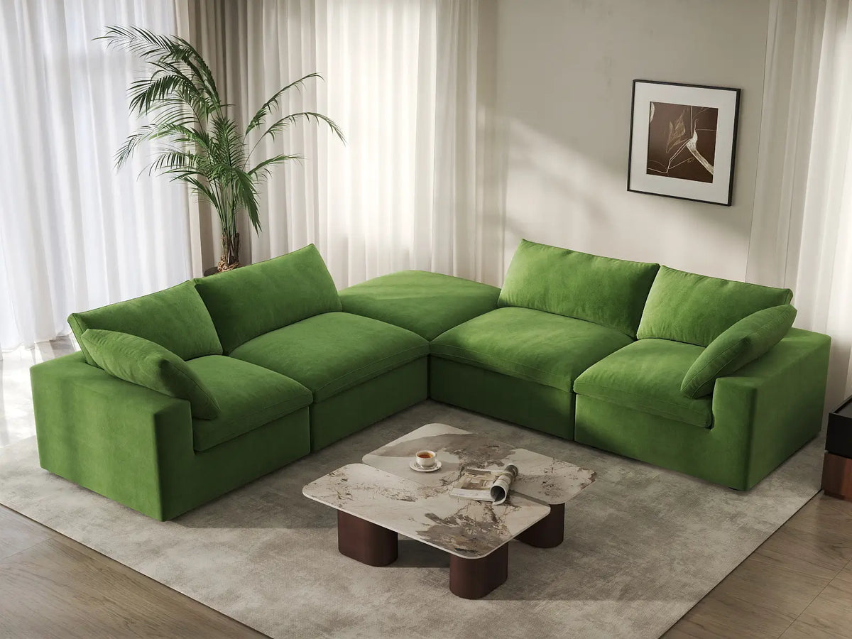 Deluxe Cloud 4-Seater V-Shaped Sectional in Earth Green Velvet | 5-Piece (Includes 1 Ottoman), Living Room Seating, Easy To Clean, Modern Style