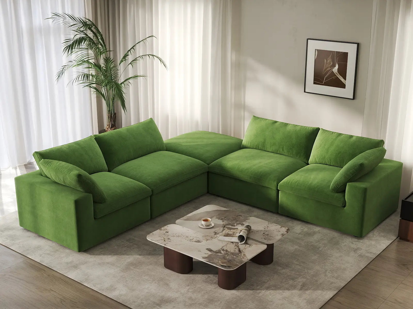 Deluxe Cloud 4-Seater V-Shaped Sectional in Earth Green Velvet | 5-Piece (Includes 1 Ottoman), Living Room Seating, Easy To Clean, Modern Style