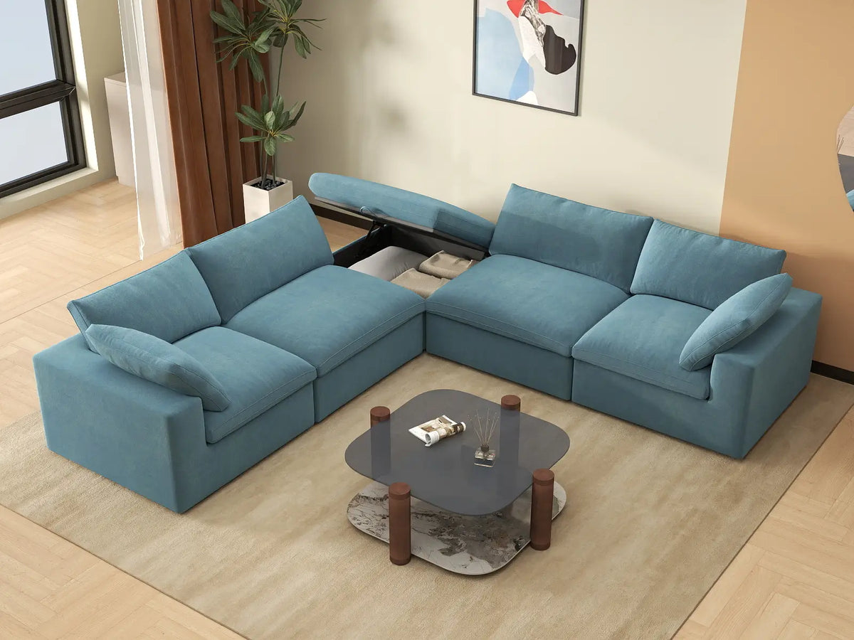 Deluxe Cloud 4-Seater V-Shaped Sectional in Light Blue Velvet | 5-Piece (Includes 1 Ottoman), Living Room Seating, Easy To Clean, Large Space
