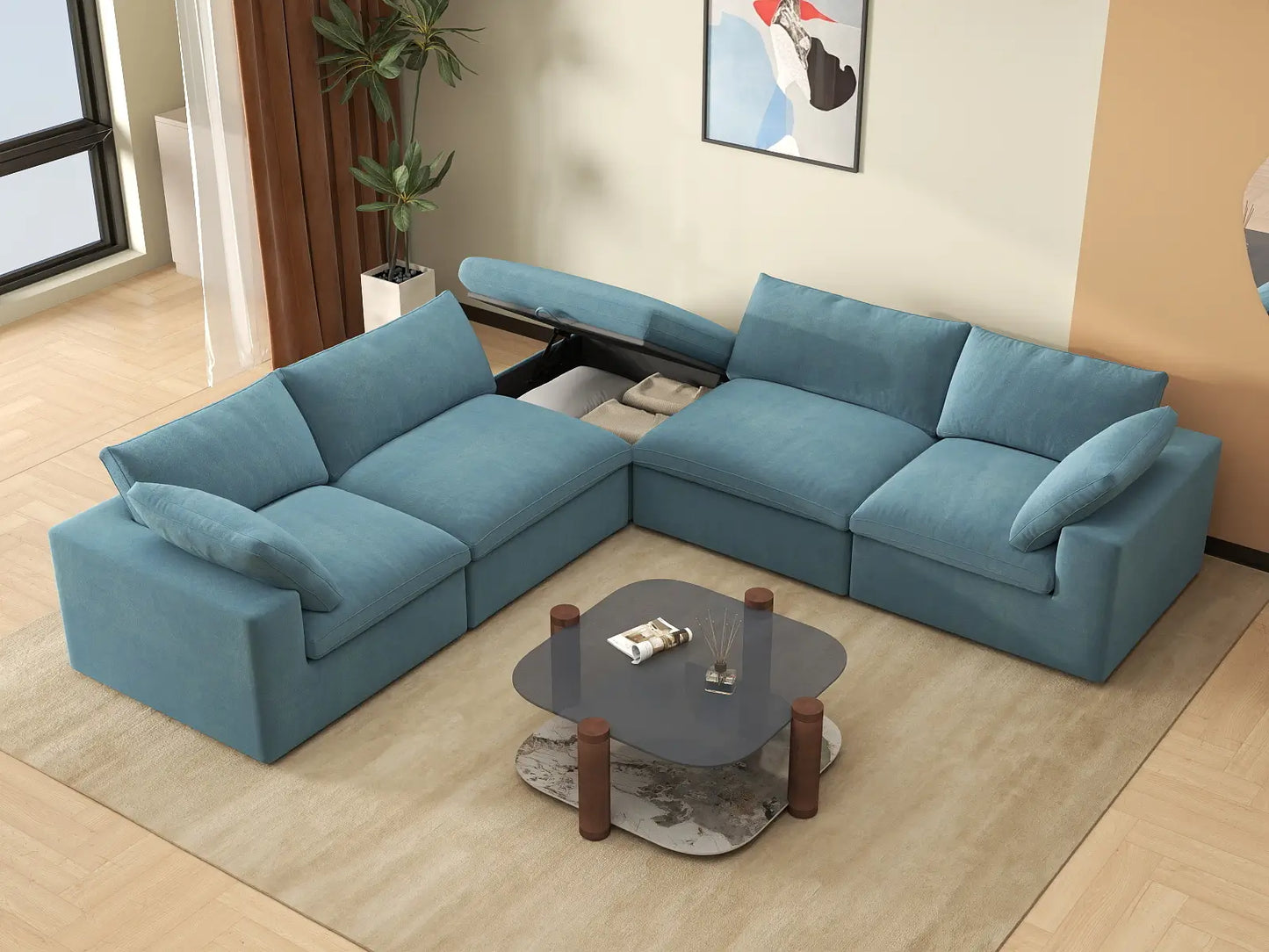 Deluxe Cloud 4-Seater V-Shaped Sectional in Light Blue Velvet | 5-Piece (Includes 1 Ottoman), Living Room Seating, Easy To Clean, Large Space