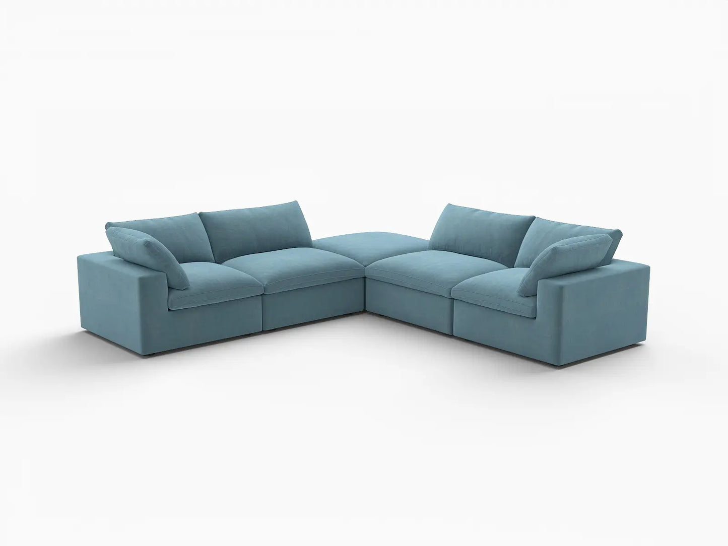 Deluxe Cloud 4-Seater V-Shaped Sectional in Light Blue Velvet | 5-Piece (Includes 1 Ottoman), Living Room Seating, Easy To Clean, Large Space