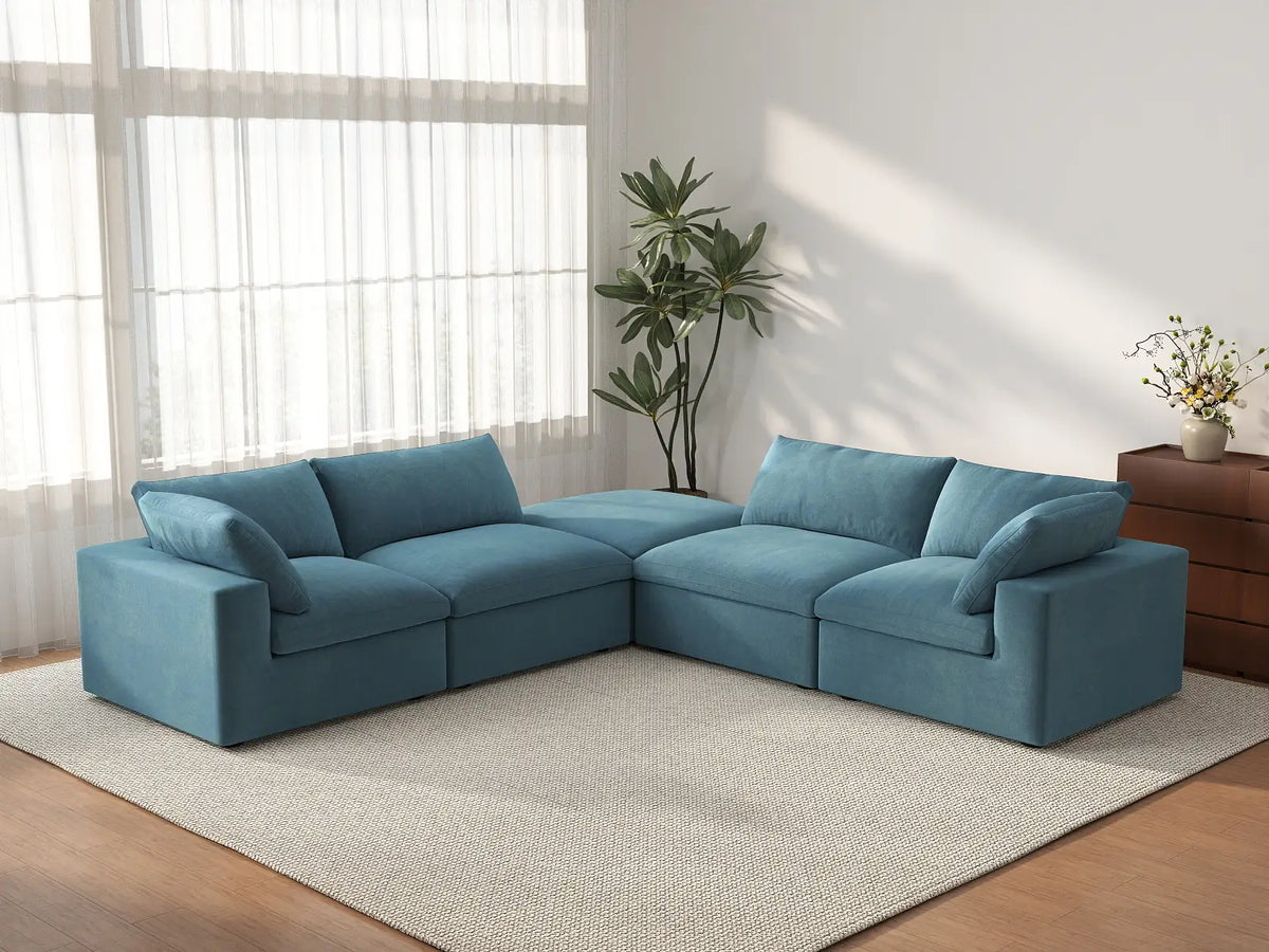 Deluxe Cloud 4-Seater V-Shaped Sectional in Light Blue Velvet | 5-Piece (Includes 1 Ottoman), Living Room Seating, Easy To Clean, Large Space