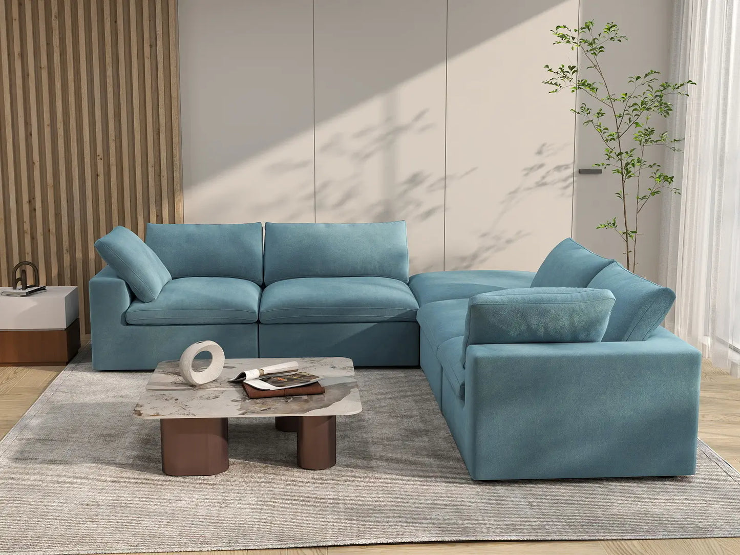 Deluxe Cloud 4-Seater V-Shaped Sectional in Light Blue Velvet | 5-Piece (Includes 1 Ottoman), Living Room Seating, Easy To Clean, Large Space
