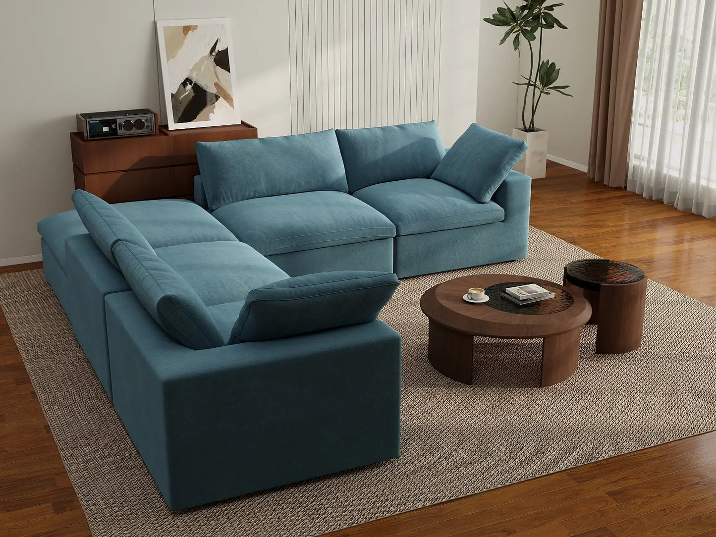 Deluxe Cloud 4-Seater V-Shaped Sectional in Light Blue Velvet | 5-Piece (Includes 1 Ottoman), Living Room Seating, Easy To Clean, Large Space