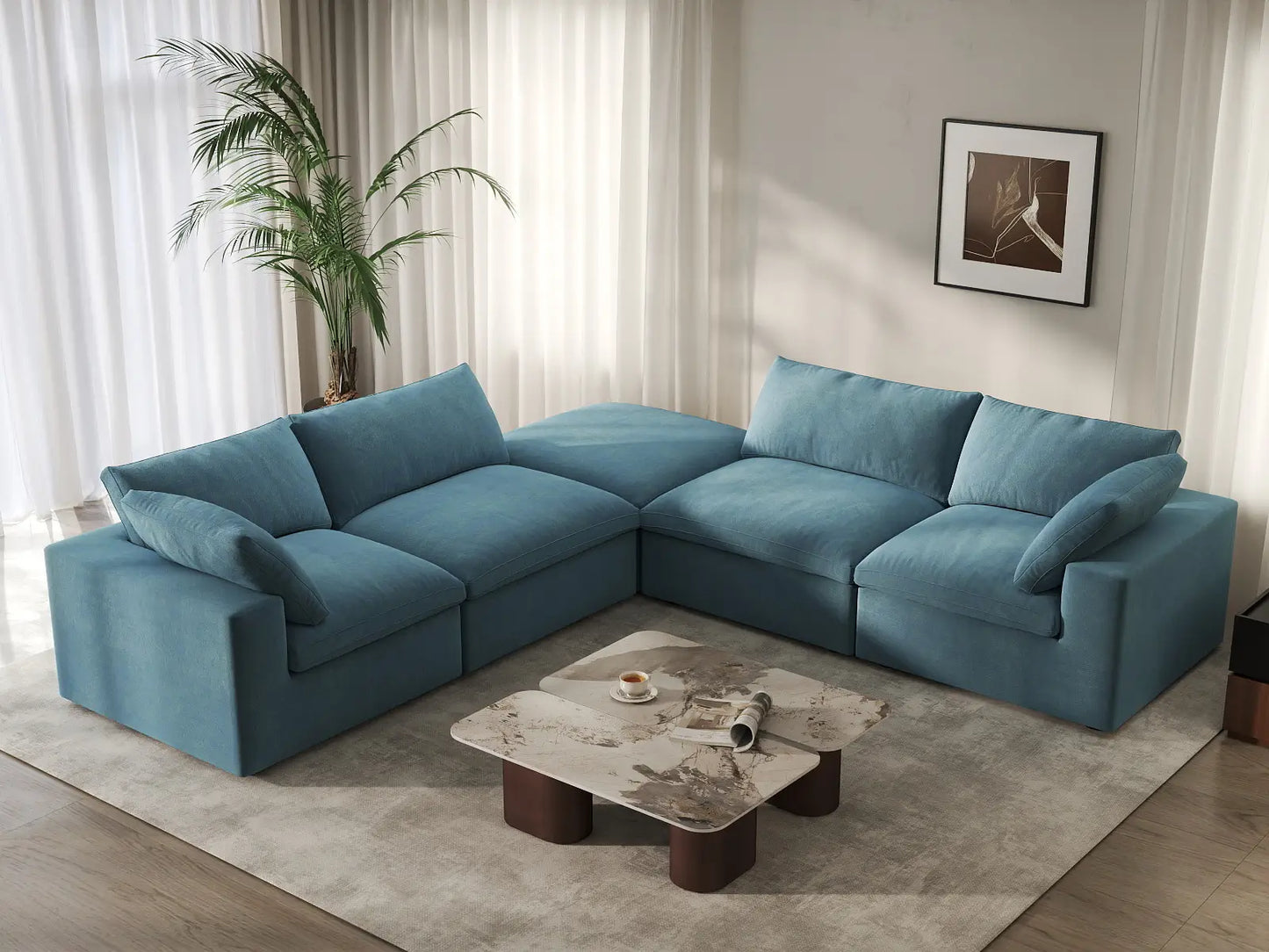Deluxe Cloud 4-Seater V-Shaped Sectional in Light Blue Velvet | 5-Piece (Includes 1 Ottoman), Living Room Seating, Easy To Clean, Large Space