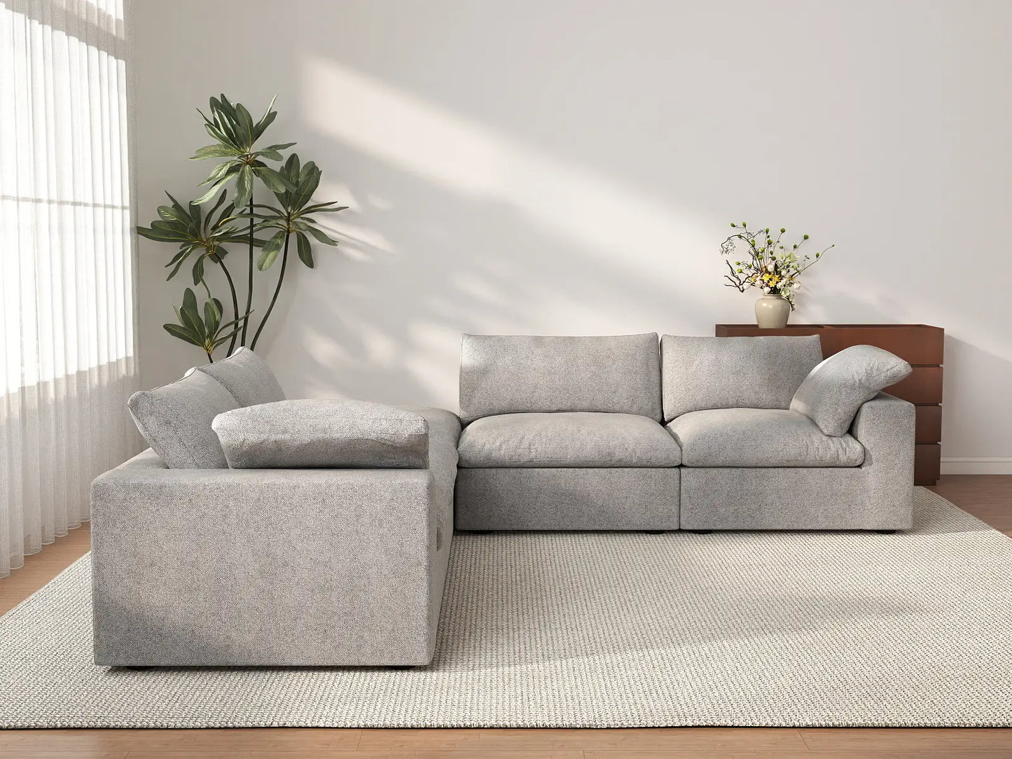 Deluxe Cloud 4-Seater V-Shaped Sectional in Light-Grey Cotton And Linen | 5-Piece (Includes 1 Ottoman), Living Room Seating, Easy To Clean, Contemporary Style