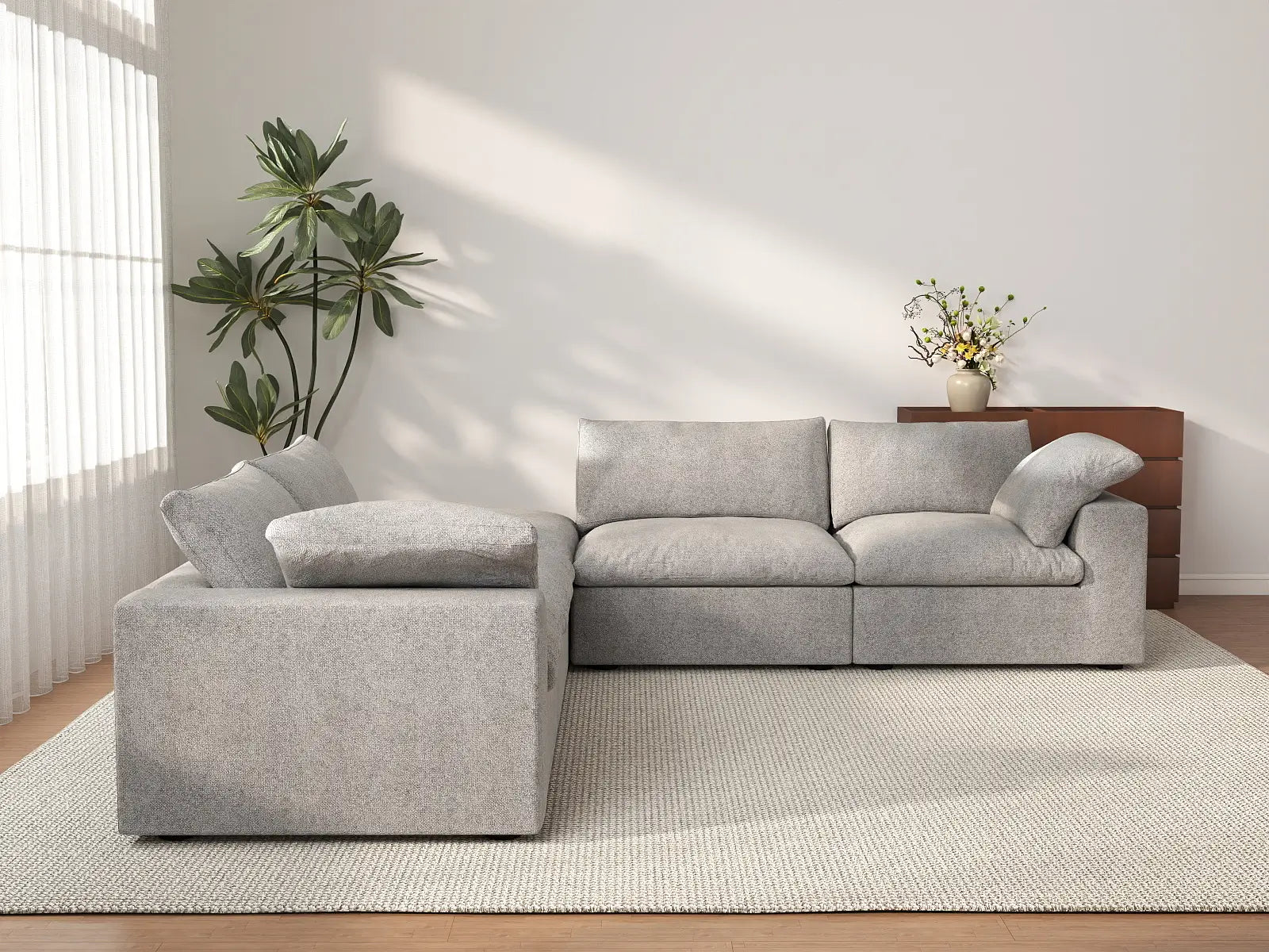 Deluxe Cloud 4-Seater V-Shaped Sectional in Light-Grey Cotton And Linen | 5-Piece (Includes 1 Ottoman), Living Room Seating, Easy To Clean, Contemporary Style