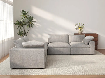 Deluxe Cloud 4-Seater V-Shaped Sectional in Light-Grey Cotton And Linen | 5-Piece (Includes 1 Ottoman), Living Room Seating, Easy To Clean, Contemporary Style