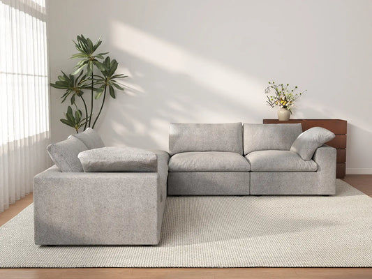 Deluxe Cloud 4-Seater V-Shaped Sectional in Light-Grey Cotton And Linen | 5-Piece (Includes 1 Ottoman), Living Room Seating, Easy To Clean, Contemporary Style