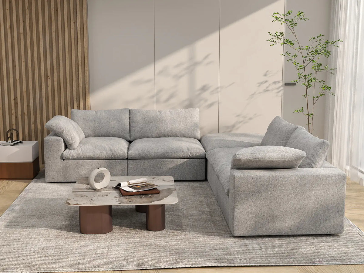 Deluxe Premium Cloud Sectional Sofa Covers | Light Grey Cotton and Linen Sofa Cover for 4-Seater with 1-Ottoman