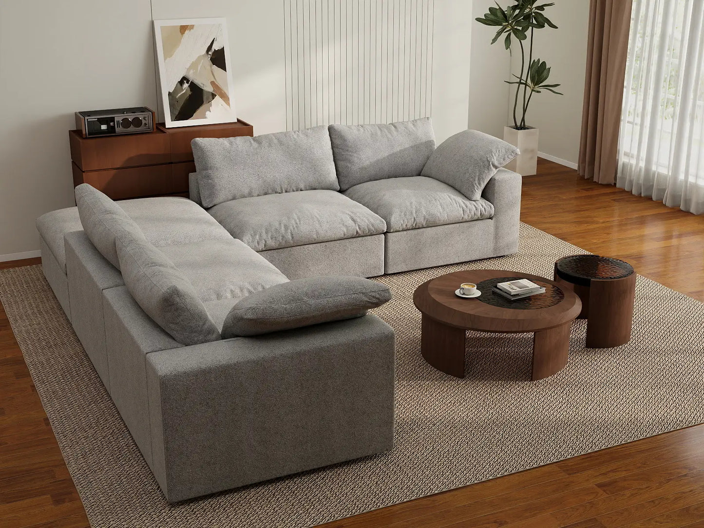 Deluxe Premium Cloud Sectional Sofa Covers | Light Grey Cotton and Linen Sofa Cover for 4-Seater with 1-Ottoman