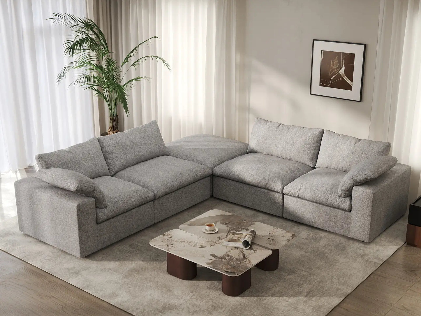 Deluxe Premium Cloud Sectional Sofa Covers | Light Grey Cotton and Linen Sofa Cover for 4-Seater with 1-Ottoman