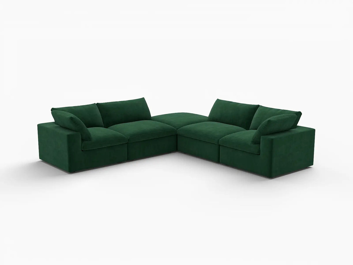 Deluxe Cloud 4-Seater V-Shaped Sectional in Olive Green Velvet | 5-Piece (Includes 1 Ottoman), Living Room Seating, Easy To Clean, Contemporary Style
