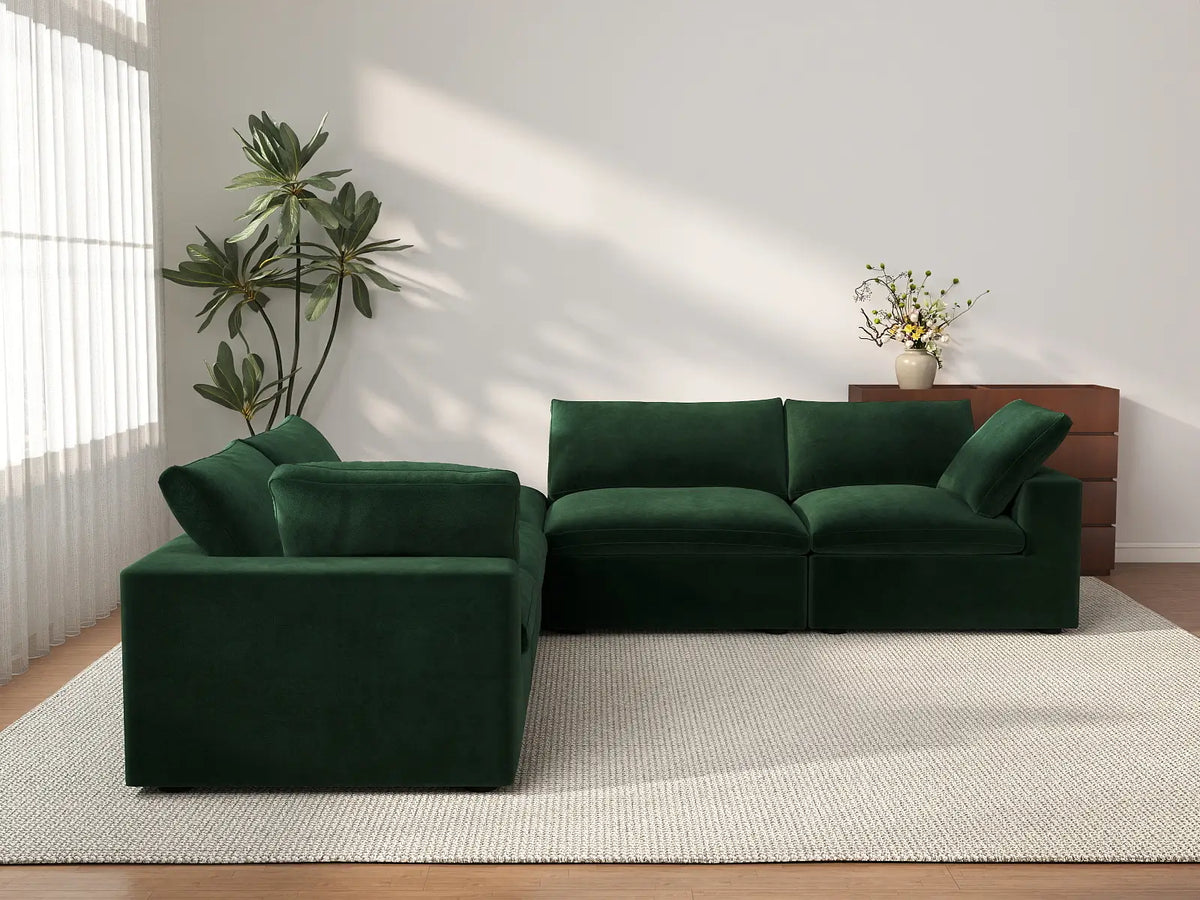 Deluxe Cloud 4-Seater V-Shaped Sectional in Olive Green Velvet | 5-Piece (Includes 1 Ottoman), Living Room Seating, Easy To Clean, Contemporary Style
