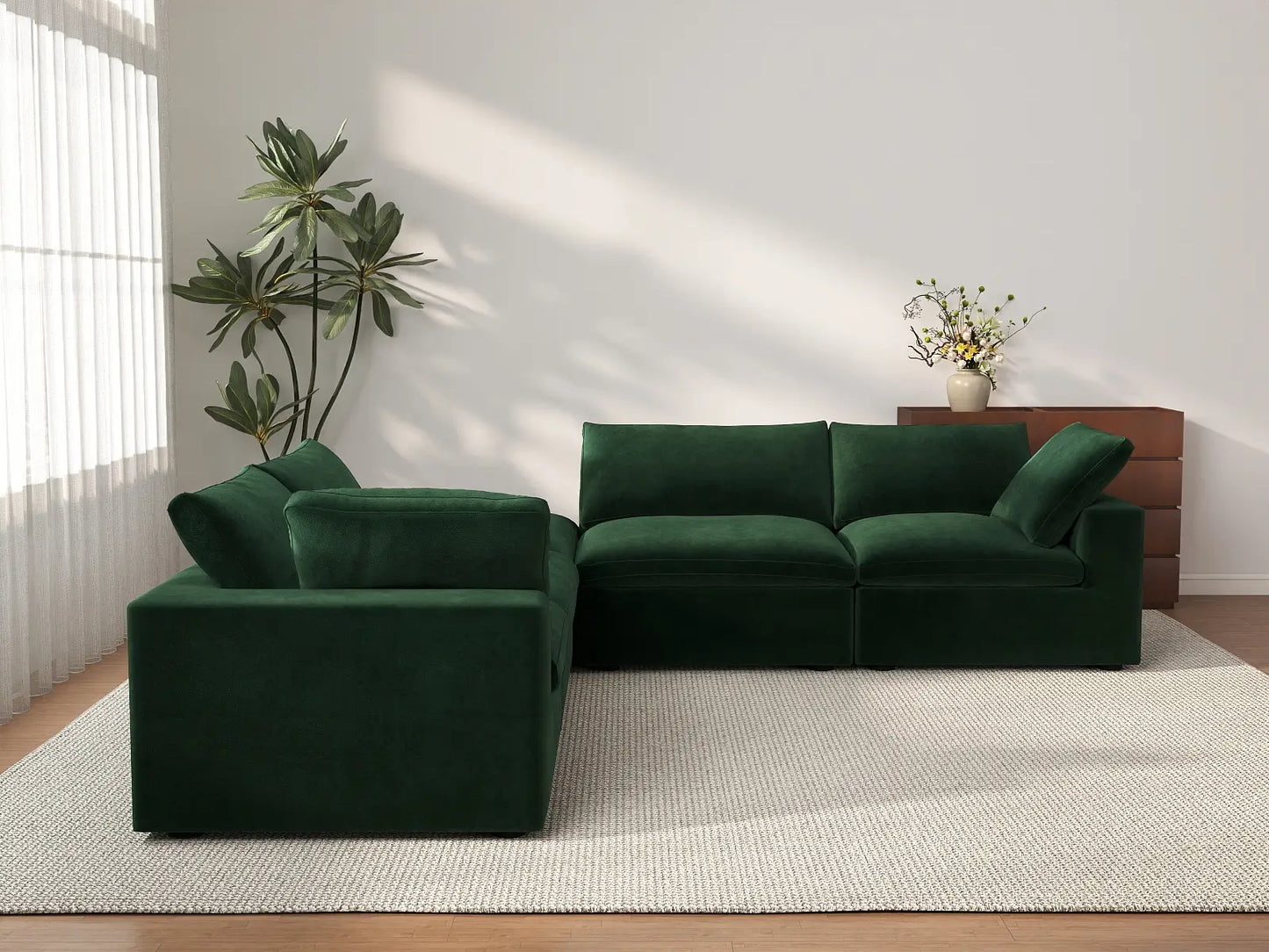 Deluxe Cloud 4-Seater V-Shaped Sectional in Olive Green Velvet | 5-Piece (Includes 1 Ottoman), Living Room Seating, Easy To Clean, Contemporary Style