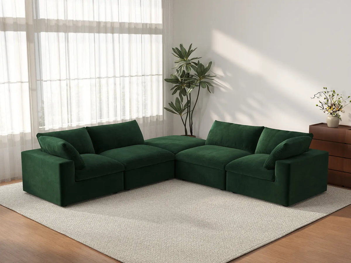 Deluxe Cloud 4-Seater V-Shaped Sectional in Olive Green Velvet | 5-Piece (Includes 1 Ottoman), Living Room Seating, Easy To Clean, Contemporary Style