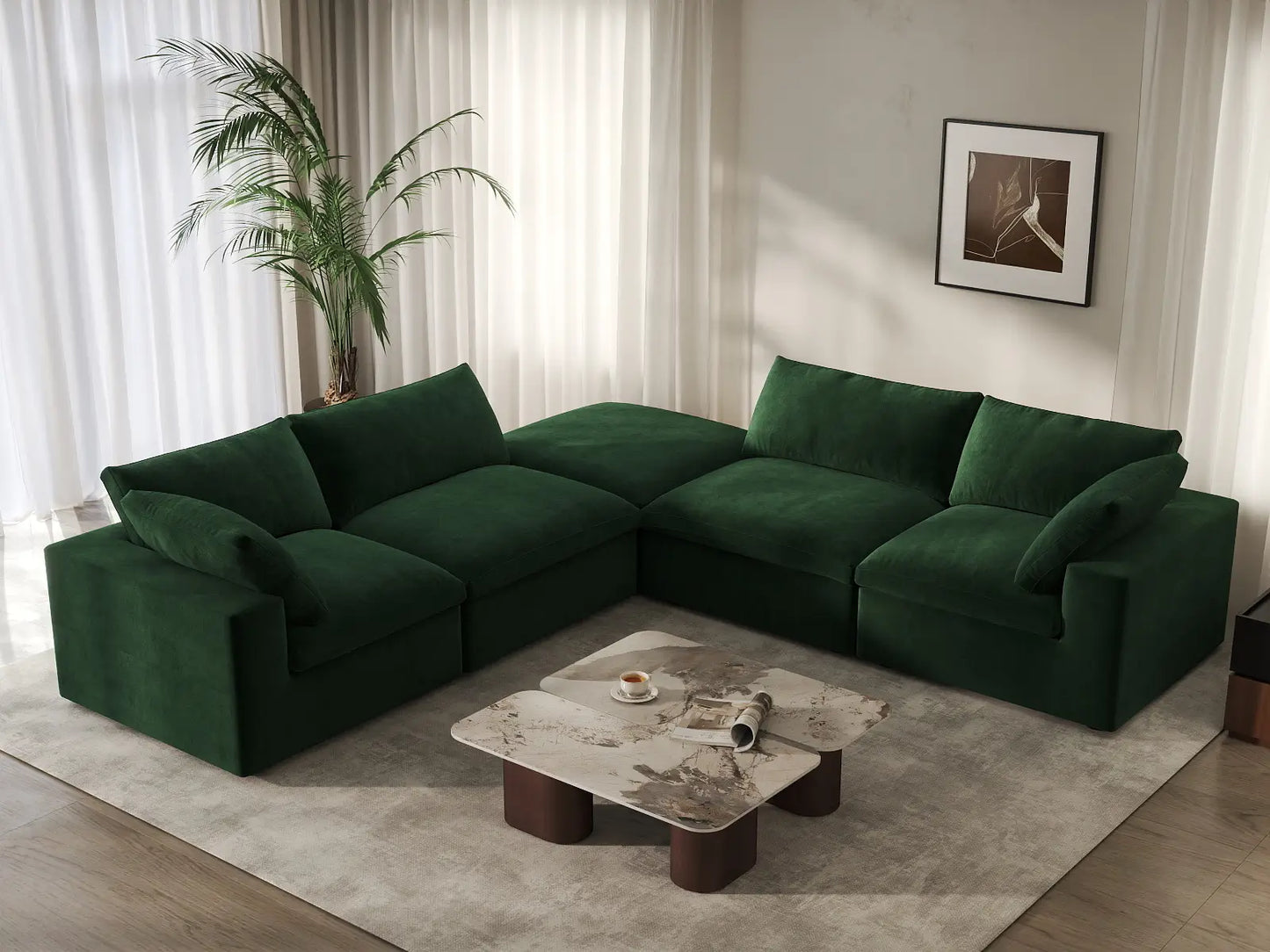 Deluxe Cloud 4-Seater V-Shaped Sectional in Olive Green Velvet | 5-Piece (Includes 1 Ottoman), Living Room Seating, Easy To Clean, Contemporary Style