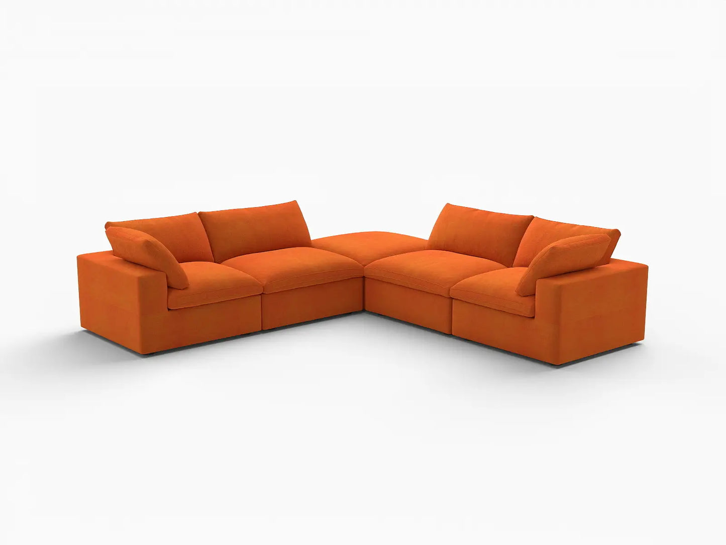 Deluxe Cloud 4-Seater V-Shaped Sectional in Orange Velvet | 5-Piece (Includes 1 Ottoman), Living Room Seating, Easy To Clean, Modular Design