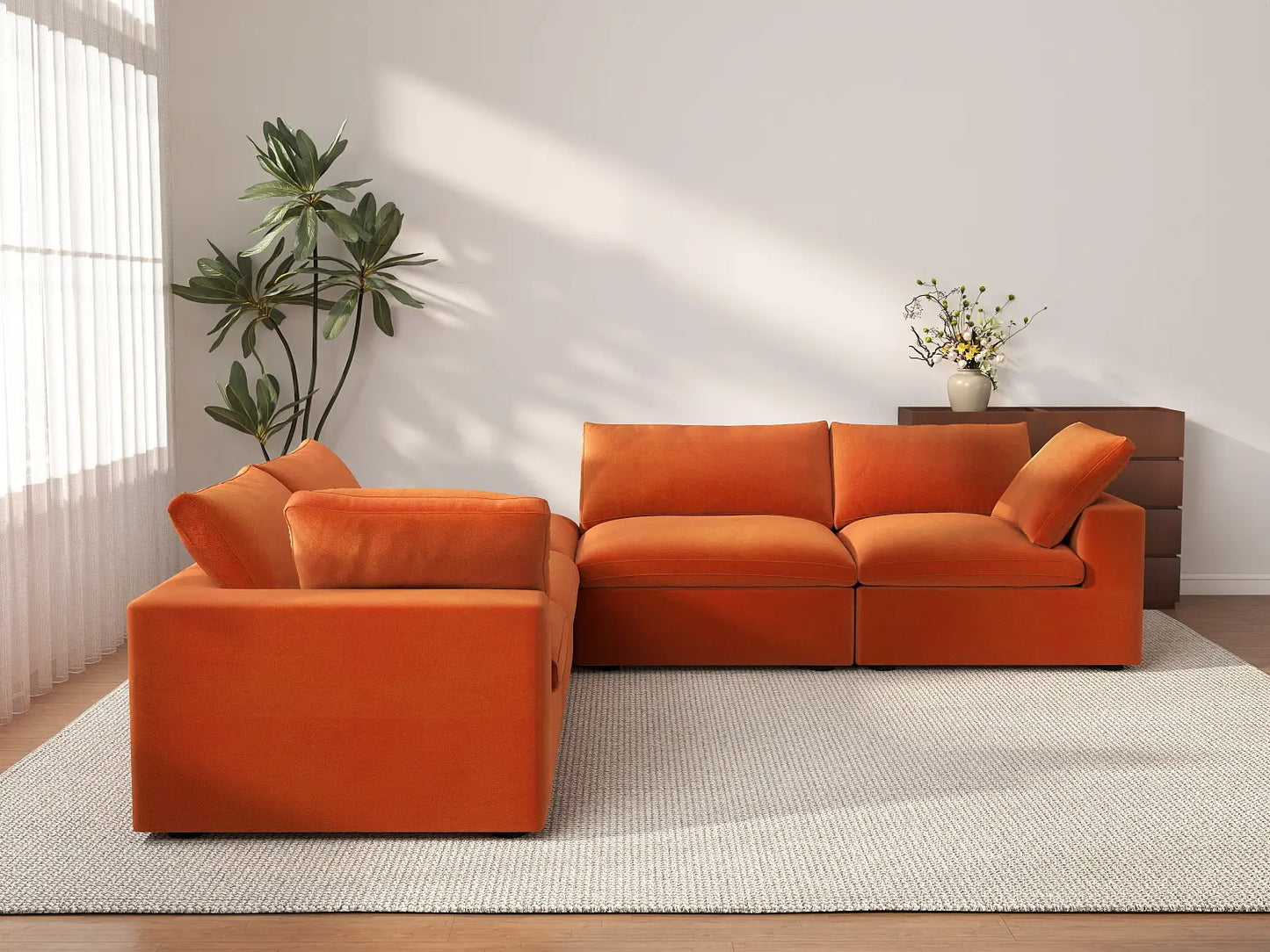 Deluxe Cloud 4-Seater V-Shaped Sectional in Orange Velvet | 5-Piece (Includes 1 Ottoman), Living Room Seating, Easy To Clean, Modular Design
